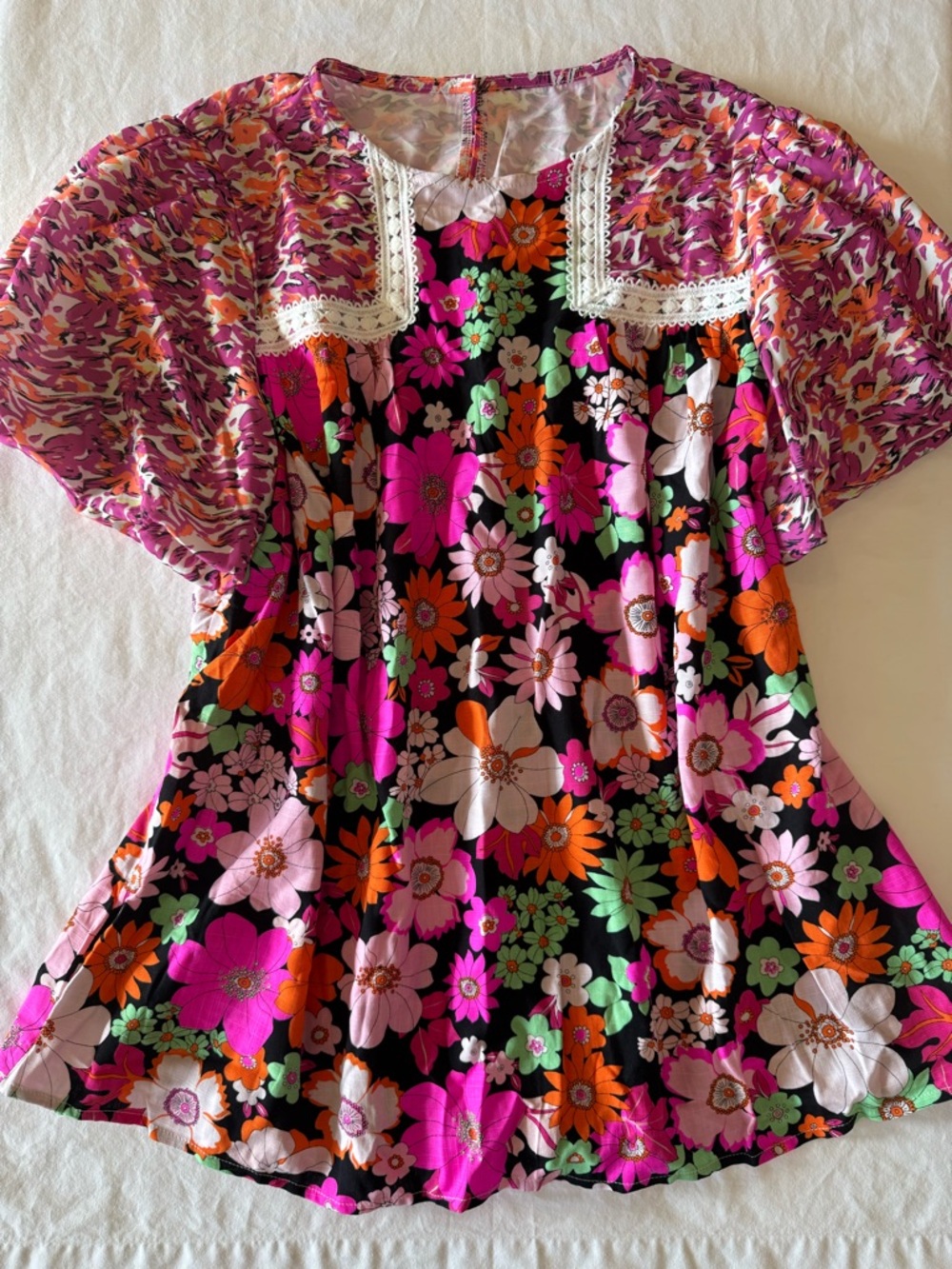Boho Floral Flowy Puff Sleeve Top W/ Lace Multi Colored M